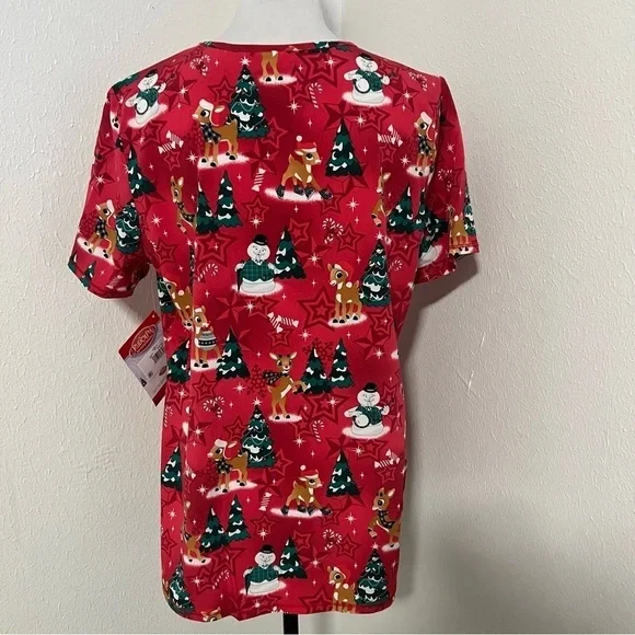 Rudolph Christmas Women’s V-Neck Medium 2 Pockets Multi Colored Scrub Top NWT - Picture 5 of 10